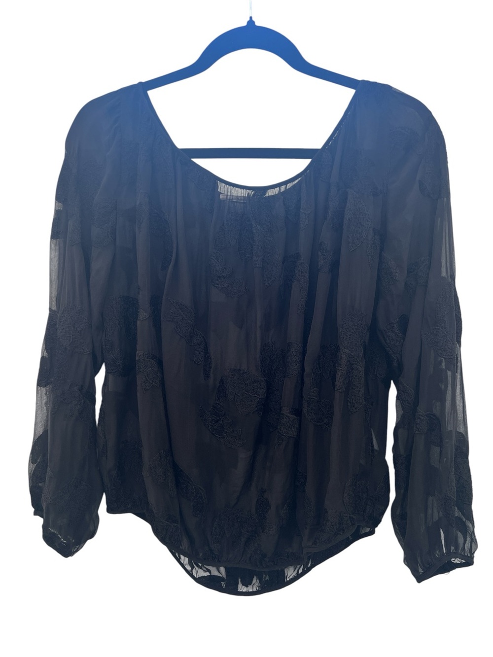 Language Black 100% Silk Sheer Floral Embroidered Blouse Size Medium